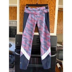 Athleta Womens Pink Grey Navy Blue Abstract Print Running Leggings Small Zipper